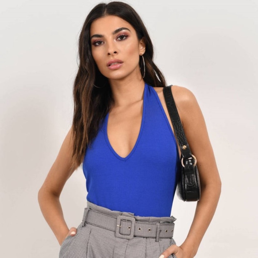 Blue Ribbed halter bodysuit